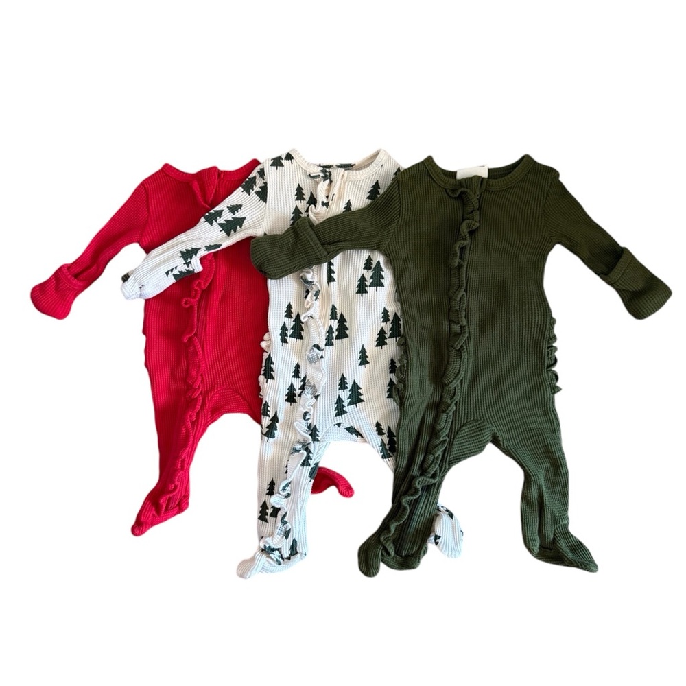 Spearmint Love Organic Waffle Ruffle Zip Footie - 3 Piece Holiday Bundle